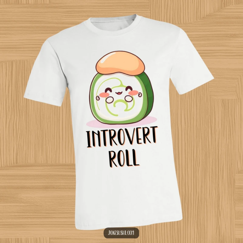 Funny shy cucumber roll t-shirt showing a cute sushi with tiny hands peeking out mischievously from behind a big wasabi.