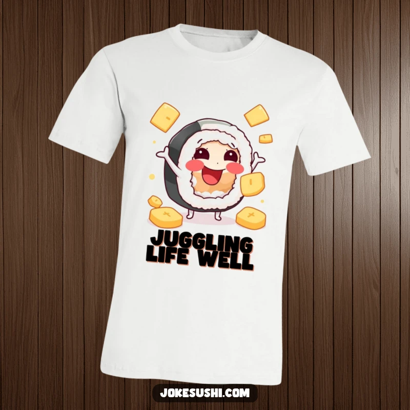 Funny t-shirt depicting a happy sushi roll character enthusiastically juggling pickled ginger slices, celebrating culinary skills with humor.