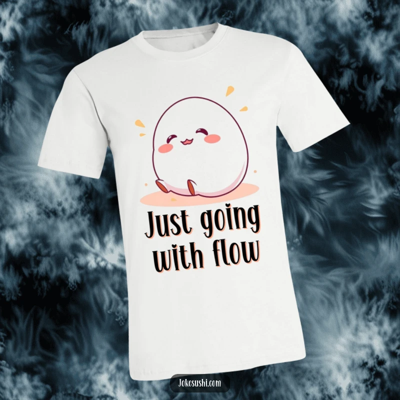 Funny t-shirt graphic of a wobbly mochi character joyfully giggling while rolling down a hill, conveying pure, uninhibited fun.