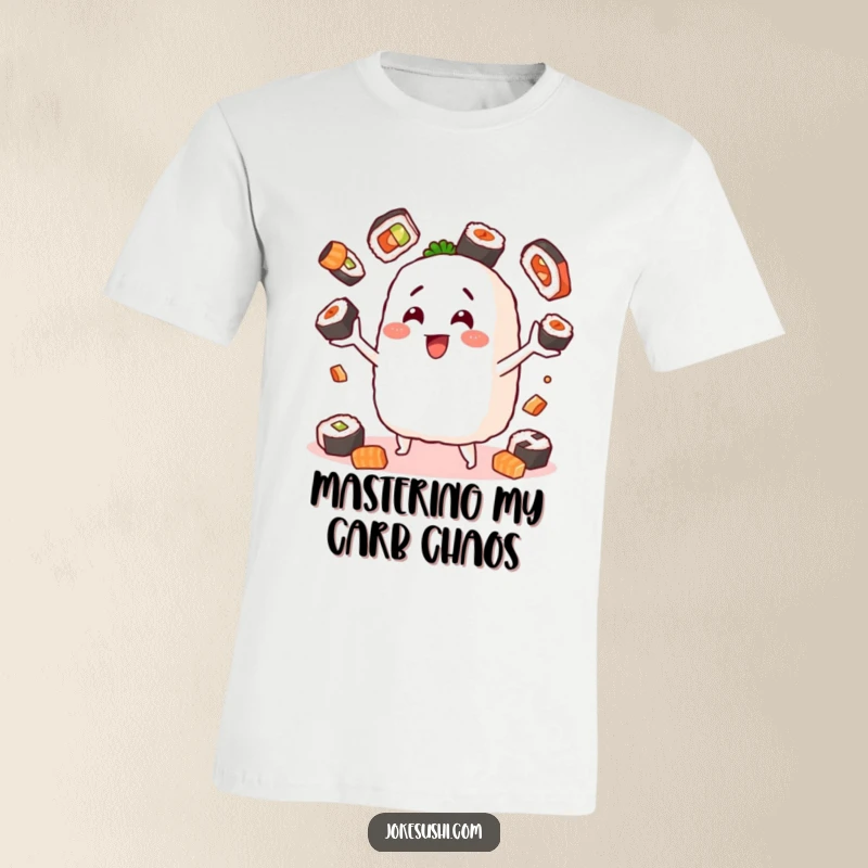 Funny t-shirt graphic of a happy onigiri character skillfully juggling different sushi pieces, celebrating the art of Japanese cuisine.