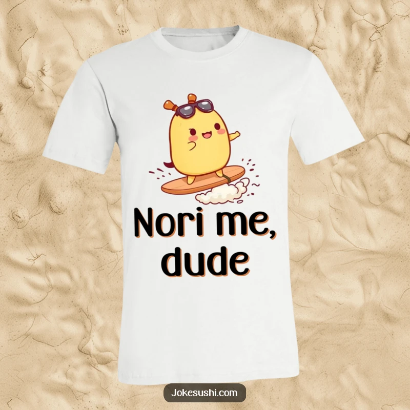 Funny t-shirt with a tamagoyaki character surfing a wave of nori, perfect for sushi and surf culture fans.