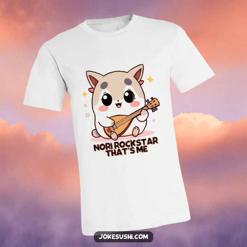 Funny nori seaweed t-shirt with a big-eyed character passionately playing a shamisen, a unique and humorous musical statement.