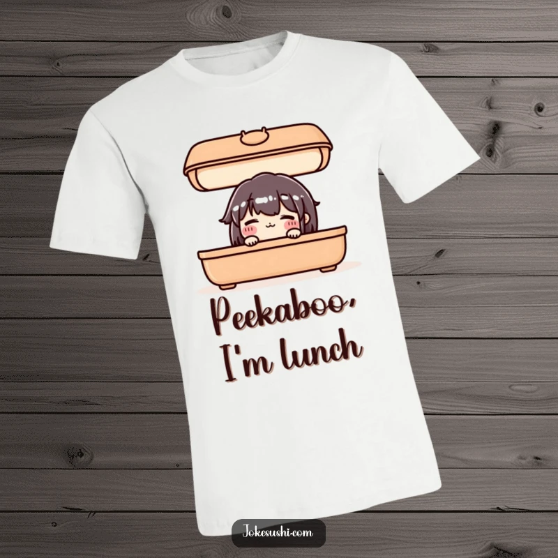 Funny t-shirt with a blushing bento box character peeking out from under its lid, showcasing shy food art.