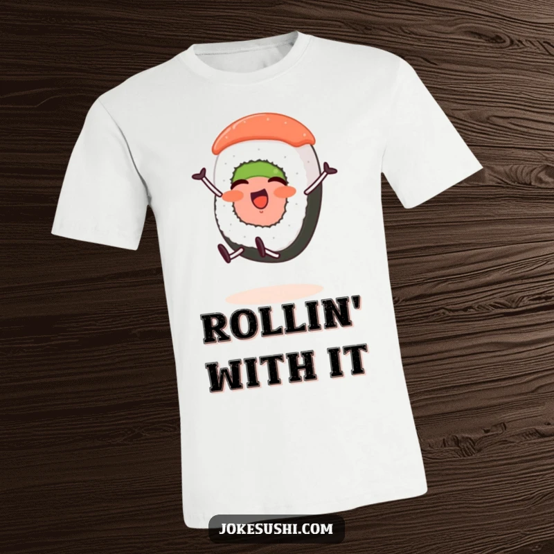 Funny t-shirt showing a happy sushi roll character with short legs doing a cartwheel with enthusiasm.