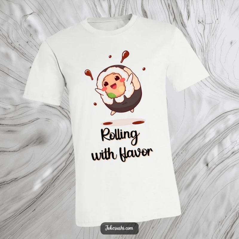 Funny T-Shirt: Plump sushi roll character in mid-cartwheel, energetically splashing soy sauce, a dynamic and humorous food design.