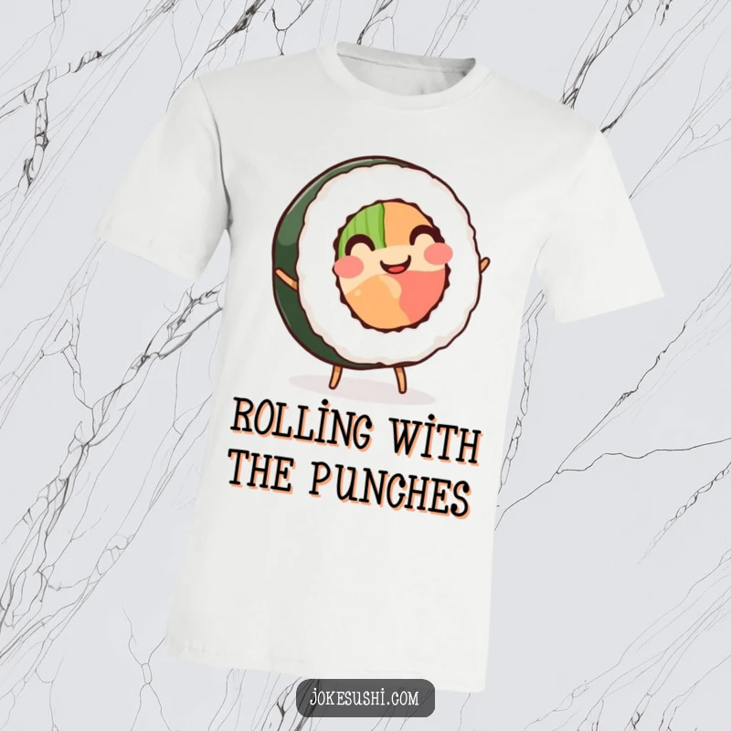 Funny Sushi Roll T-Shirt: A smiling sushi roll with tiny legs executes a perfect cartwheel, showcasing its incredible energy and humor.