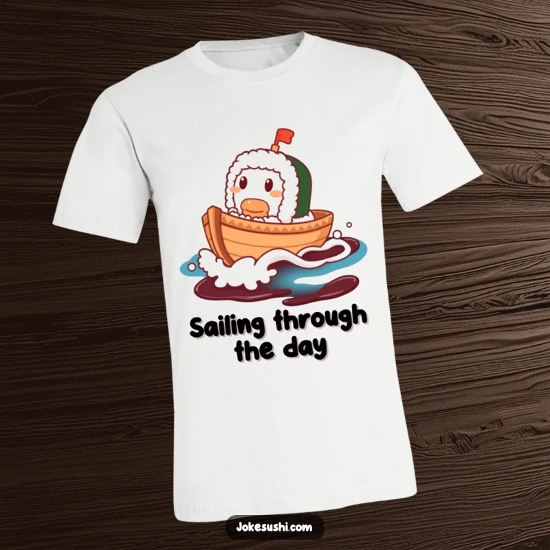 Funny Sushi Boat T-Shirt: A contented sushi boat character happily riding a soy sauce wave, full of joy.