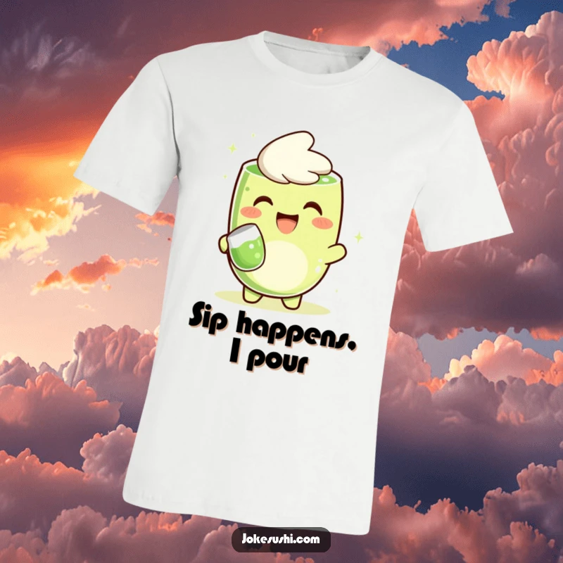 Funny t-shirt with a grinning matcha green tea character happily pouring tea, a perfect funny gift for tea lovers.