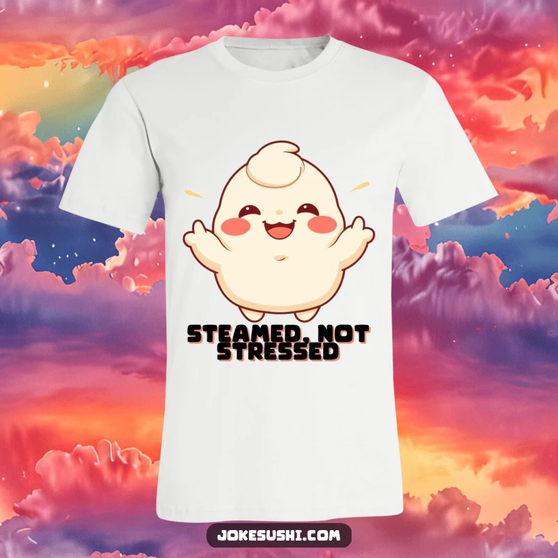 Funny t-shirt with a grinning dumpling character enthusiastically gesturing its sides, evoking pure happiness.
