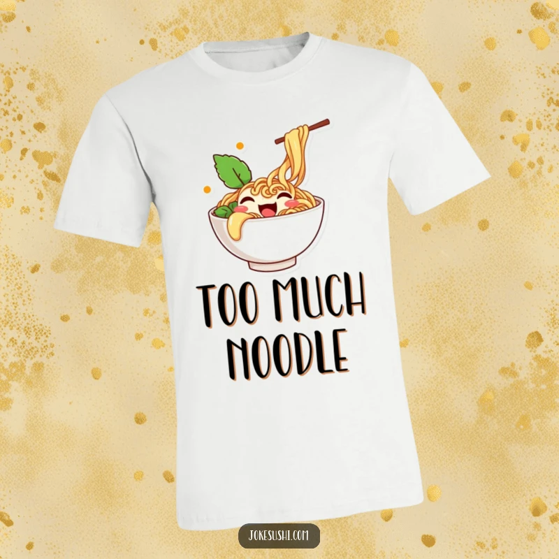 Funny t-shirt showing a happy ramen bowl character overflowing with noodles and wiggling joyfully.
