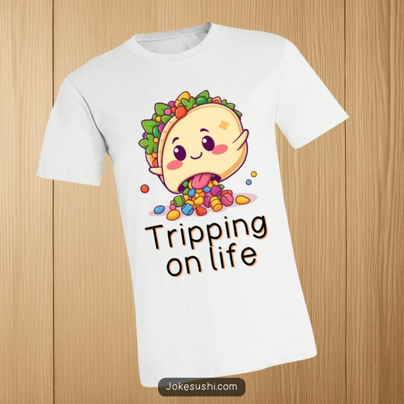 Funny t-shirt with a kawaii taco character playfully tripping, spilling colorful fillings with a surprised grin, perfect for casual wear.