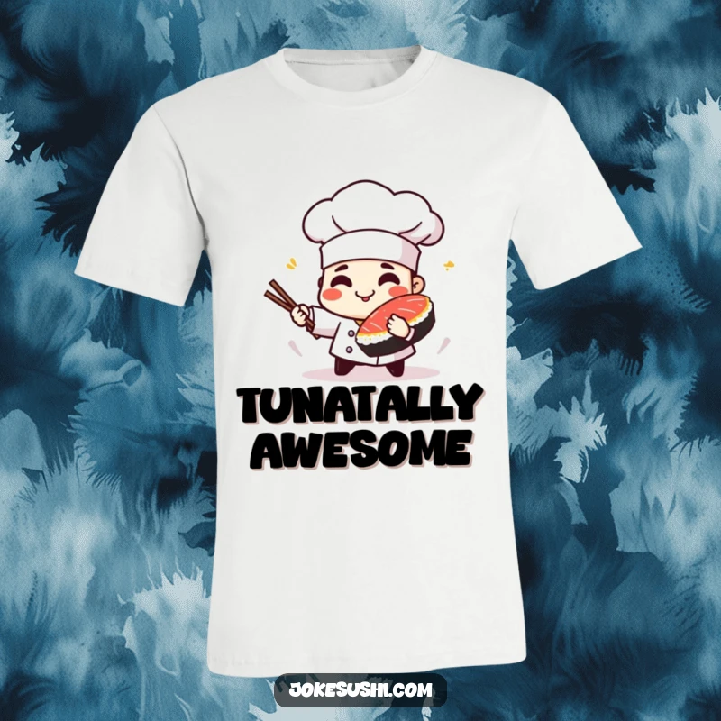 Funny t-shirt with a playful sushi chef character spinning a piece of tuna with a cheerful expression.