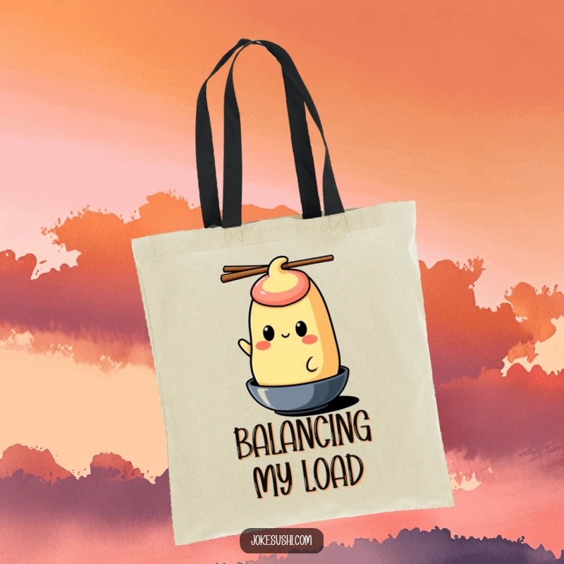 Funny tamagoyaki tote bag with a cheerful character balancing chopsticks on its head, a humorous and stylish gift.