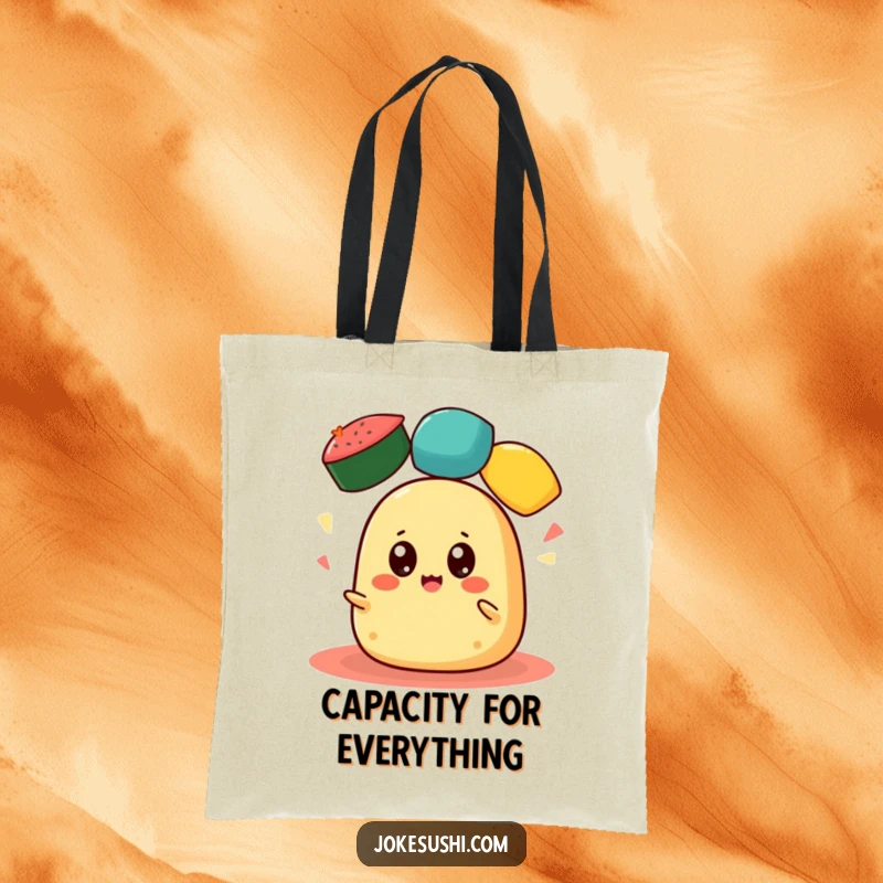 Funny Tamagoyaki Tote Bag: A cheerful tamagoyaki with big eyes juggles colorful roe, making this a humorous and practical accessory.