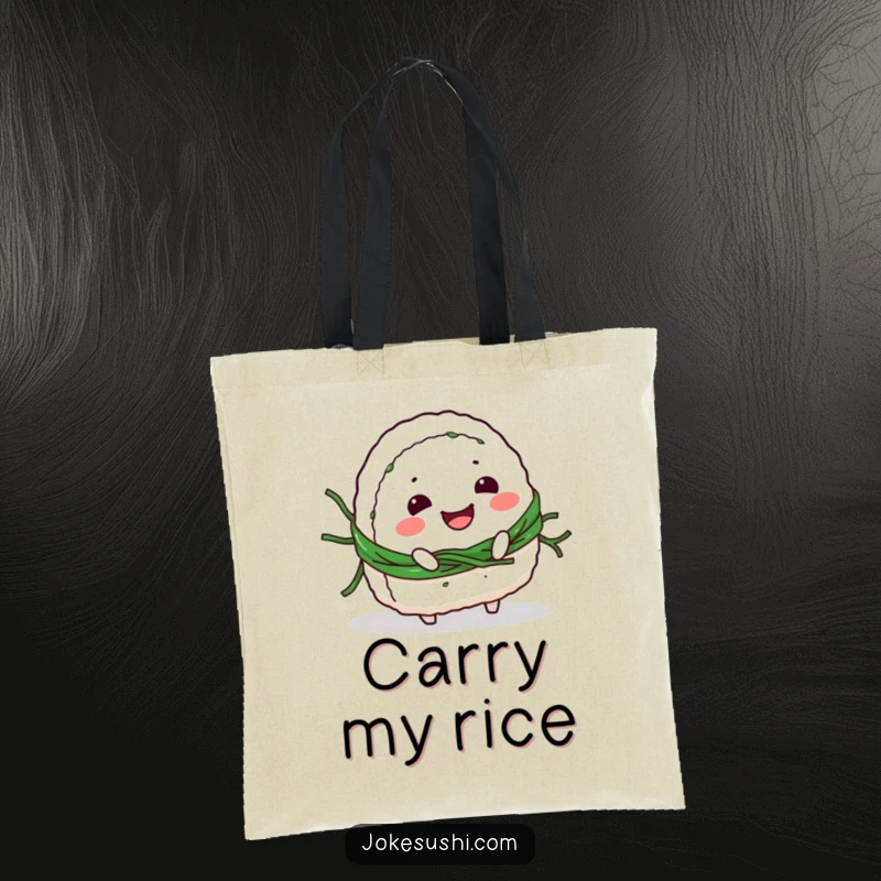 Funny Tote Bag: Smiling onigiri character tripping over its seaweed belt, a cute and humorous accessory for everyday use.