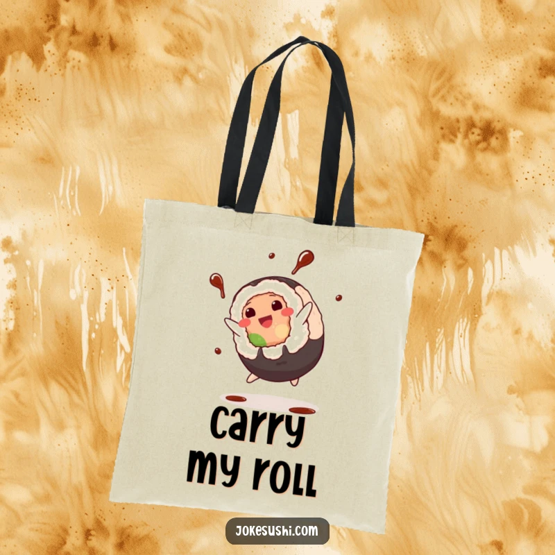 Funny Tote Bag: Plump sushi roll character mid-cartwheel with soy sauce splashing, a fun and practical accessory for carrying essentials.