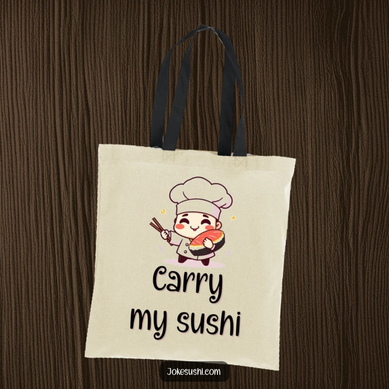 Funny tote bag with a playful sushi chef character spinning a piece of tuna, great for carrying.