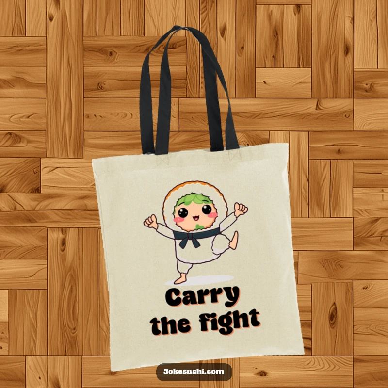 Funny sushi roll character striking a karate pose on a tote bag, ready to carry your essentials with power.