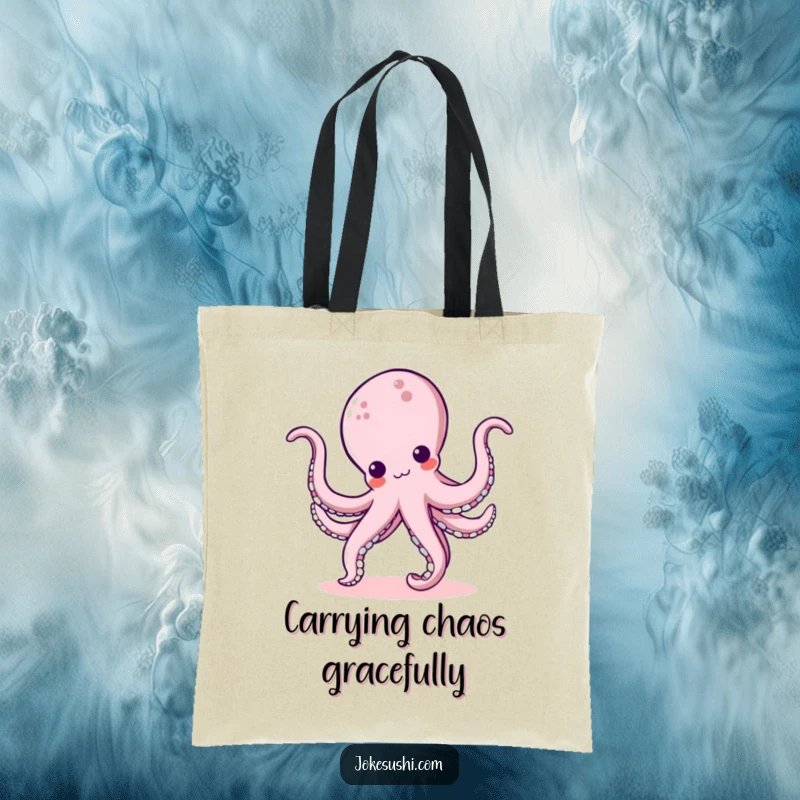 Funny kawaii octopus character doing a cartwheel with its bouncy tentacles, a sturdy and hilarious tote bag for everyday use.