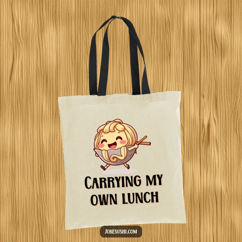 Funny Tote Bag showcasing a ramen noodle character chasing a chopstick, perfect for stylish, humorous carrying.