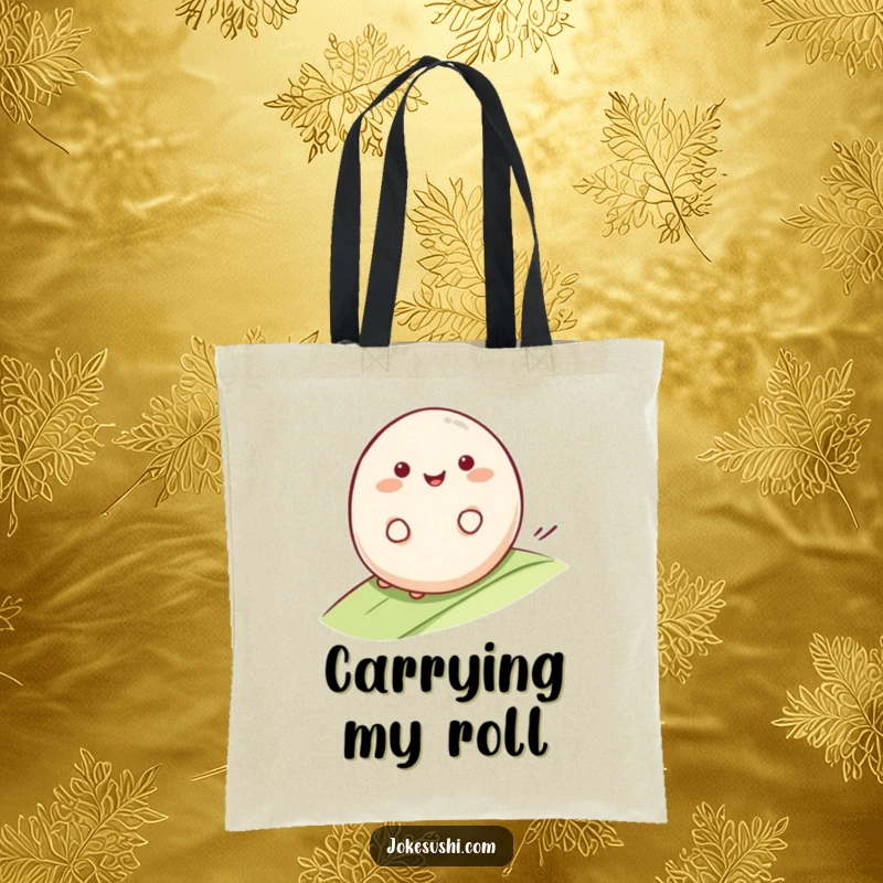 Funny Mochi Tote Bag: Smiling mochi character rolling happily down a gentle slope, perfect for shopping and carrying funny, smooth delights.