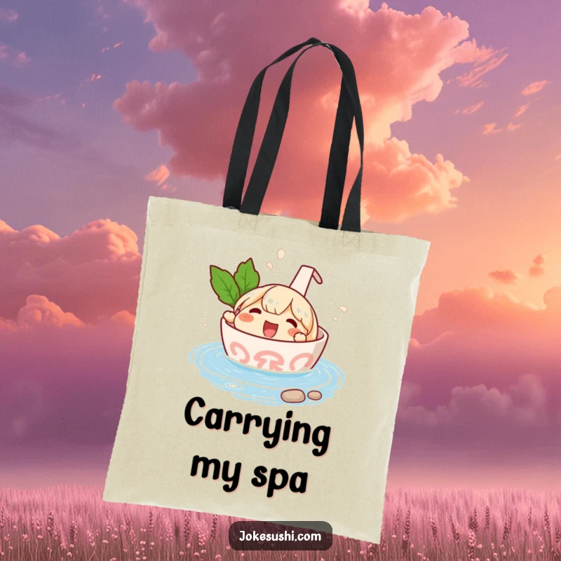 Funny tote bag with a happy ramen bowl character splashing in a tiny hot spring, perfect for carrying everyday items with whimsy.