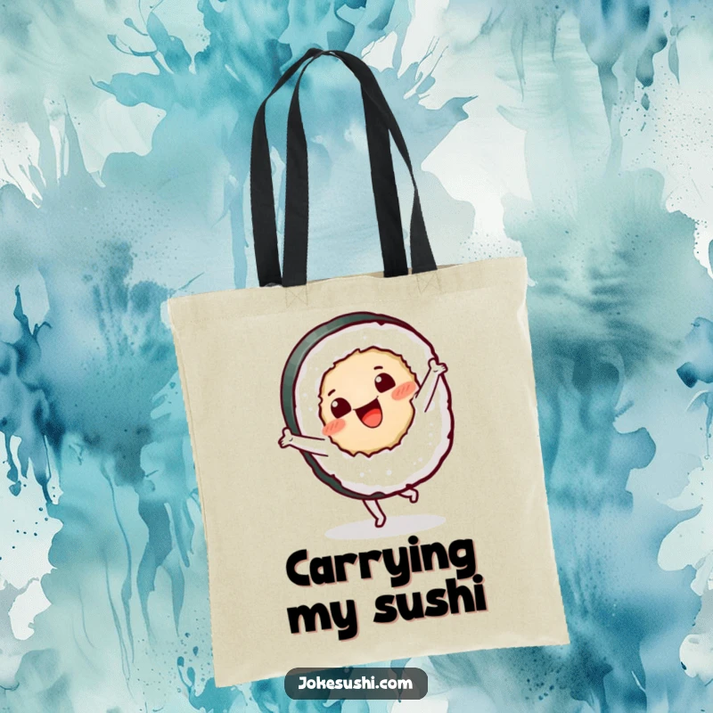 Funny sushi roll tote bag with a happy character doing a cartwheel, a stylish and humorous gift for shoppers.