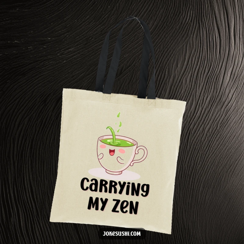 Funny tote bag with a giggling tea cup character spilling green tea on itself, perfect for carrying items with playful abandon.