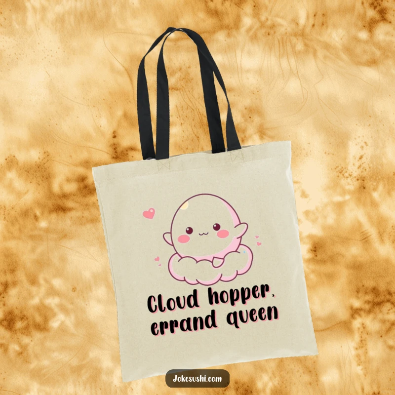 Funny tote bag with a cheerful mochi character bouncing on a fluffy cloud, a cute and humorous accessory.