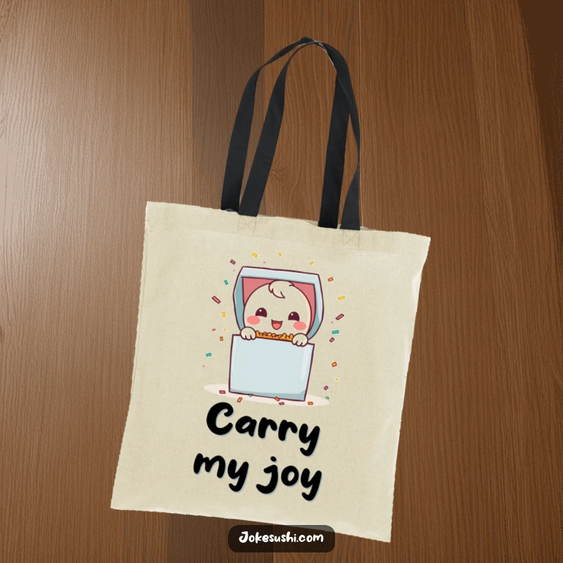 Funny bento box tote bag featuring a smiling character popping open with confetti, symbolizing joy and a festive spirit.