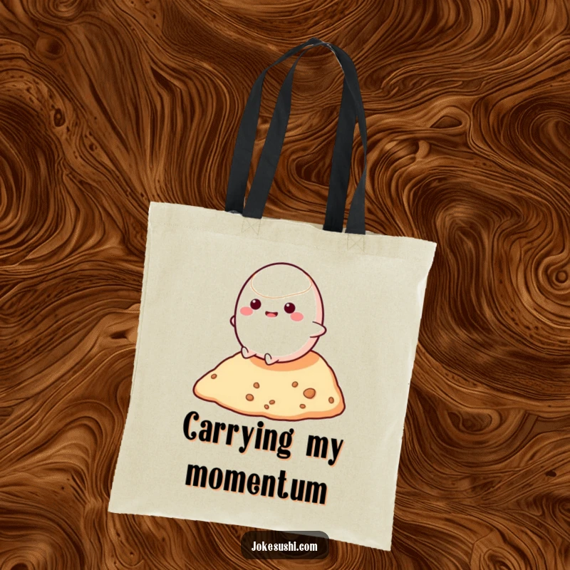 Funny tote bag showing a bouncy mochi character rolling down a small hill, perfect for carrying essentials with a sweet, humorous touch.