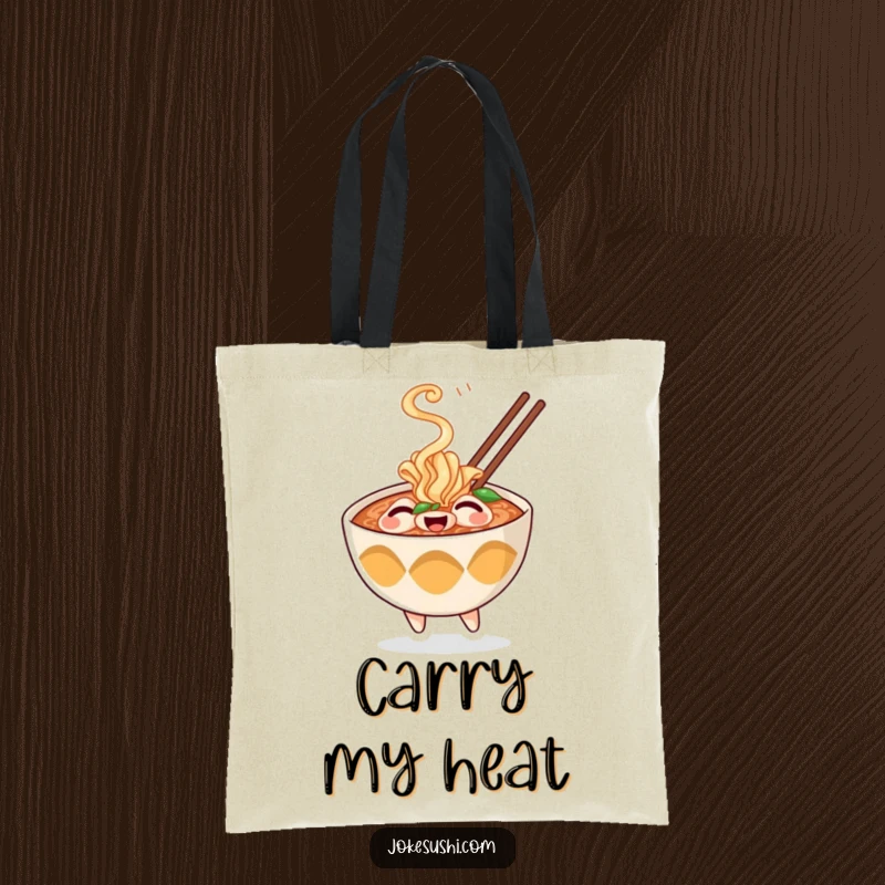 Funny tote bag depicting a cheerful ramen bowl character with playful steam, perfect for carrying groceries with a dose of warmth.