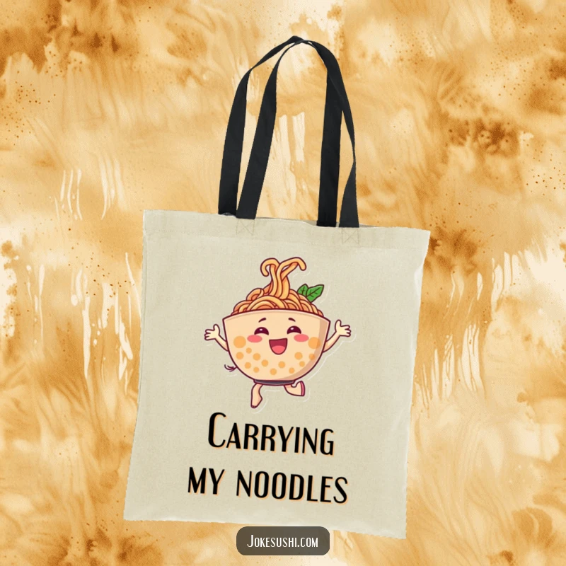 Funny tote bag showcasing a cheerful ramen bowl character dancing energetically with noodles swirling in a joyful pattern, perfect for shopping.