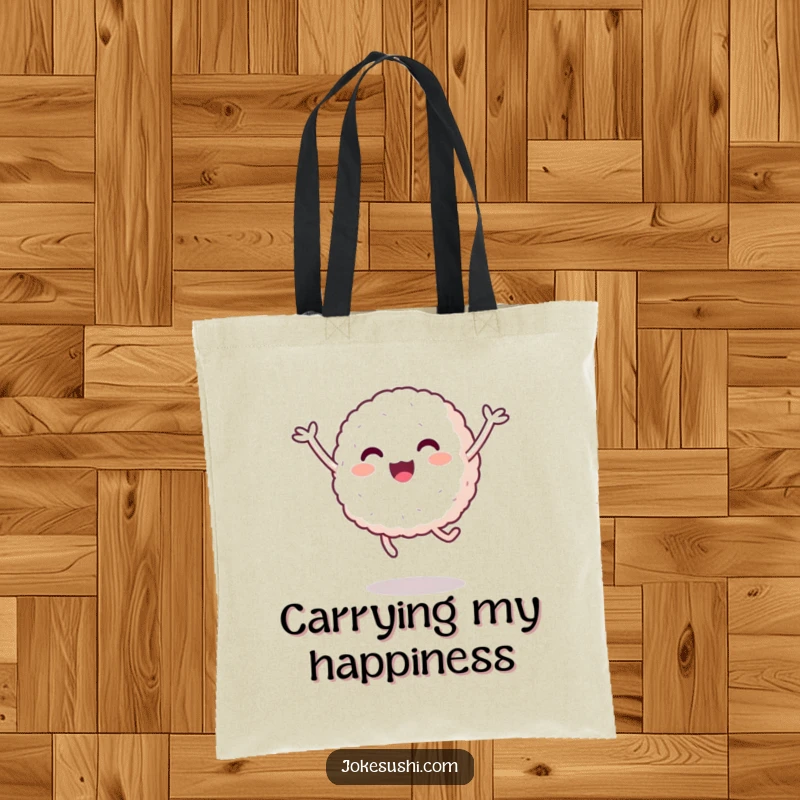 Funny Rice Ball Tote Bag: A happy rice ball with short arms jumps playfully, making this a humorous and practical accessory.
