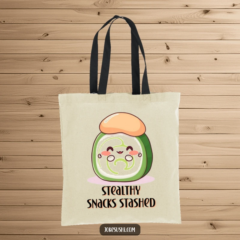 Funny shy cucumber roll tote bag with a cute sushi peeking from behind wasabi using its small hands, perfect for daily use.