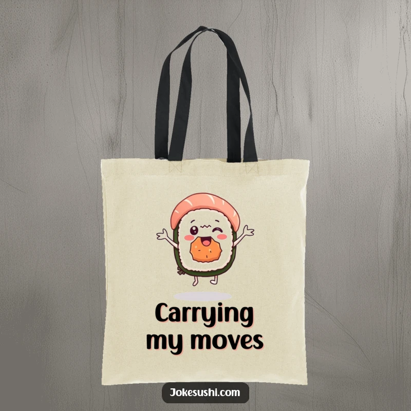 Funny sushi nigiri tote bag with a delighted character dancing, perfect for carrying essentials with a cheerful rhythm. A stylish and humorous accessory.