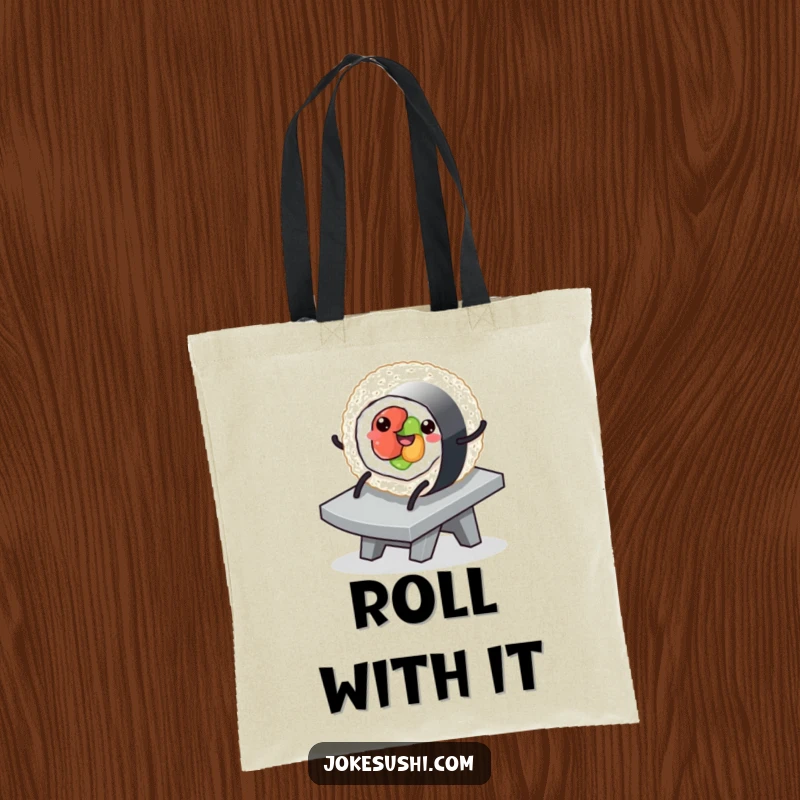 Funny tote bag depicting a sushi roll character with legs happily sliding down a ramp, ideal for carrying essentials with a playful spirit.