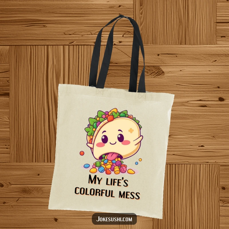 Funny tote bag showcasing a kawaii taco character playfully tripping, spilling colorful fillings with a surprised grin, perfect for shopping.