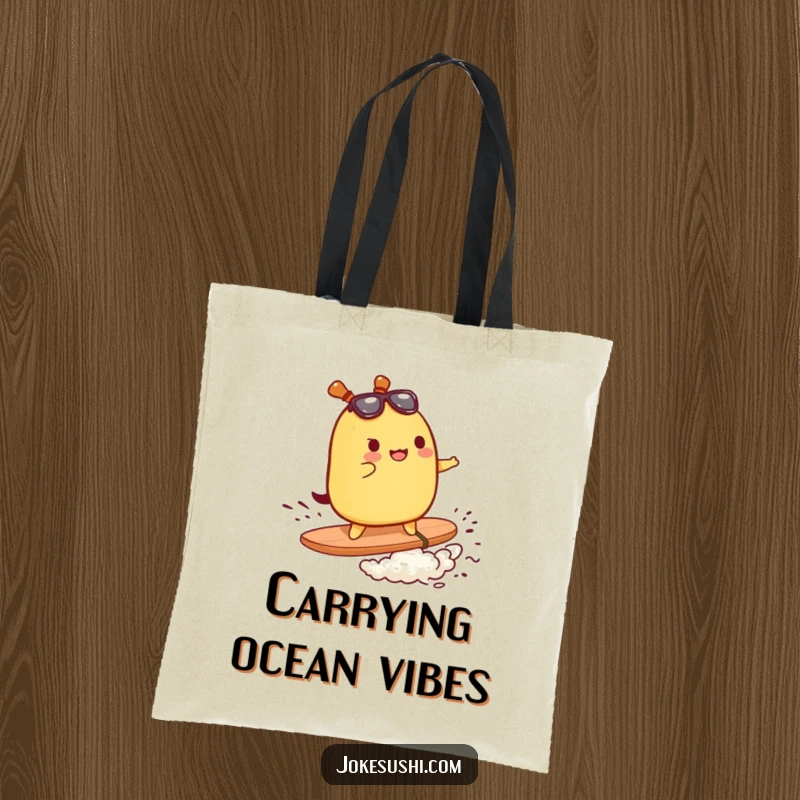 Funny tote bag with a tamagoyaki character surfing on nori, ideal for beach trips and daily use.