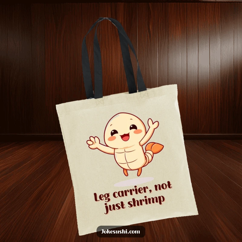 Funny tempura shrimp tote bag with a cheerful character waving its legs, a practical and humorous accessory for daily use.
