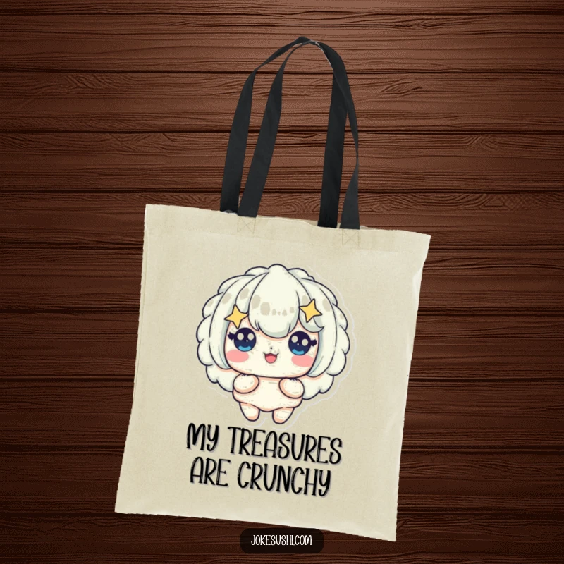 Funny tote bag featuring a happy tempura piece with starry eyes, perfect for carrying groceries and spreading a little bit of delicious joy.