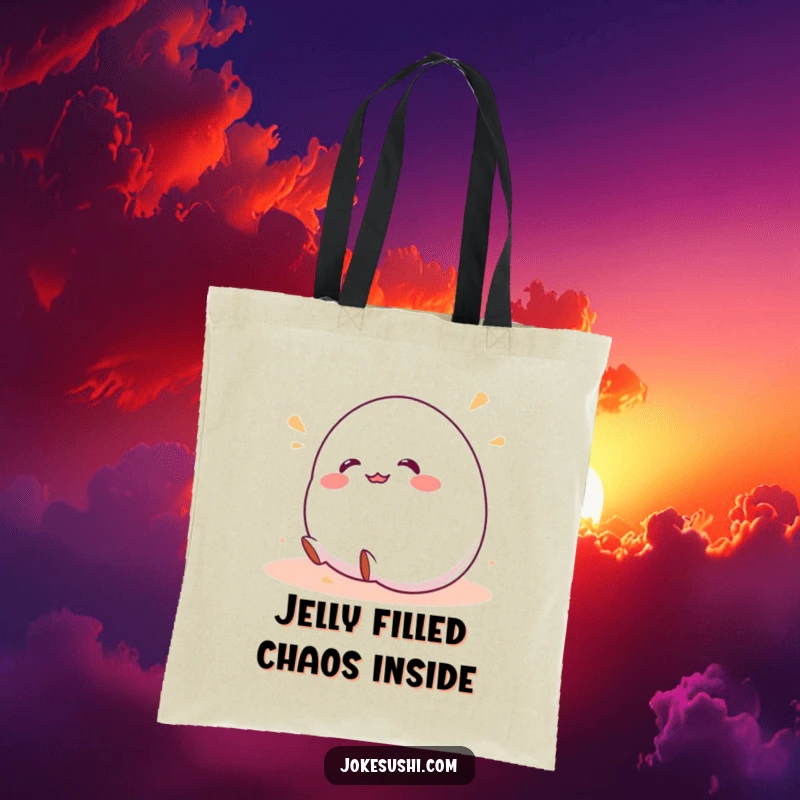 Funny tote bag featuring a wobbly mochi character giggling and rolling down a hill, perfect for carrying groceries with a smile.