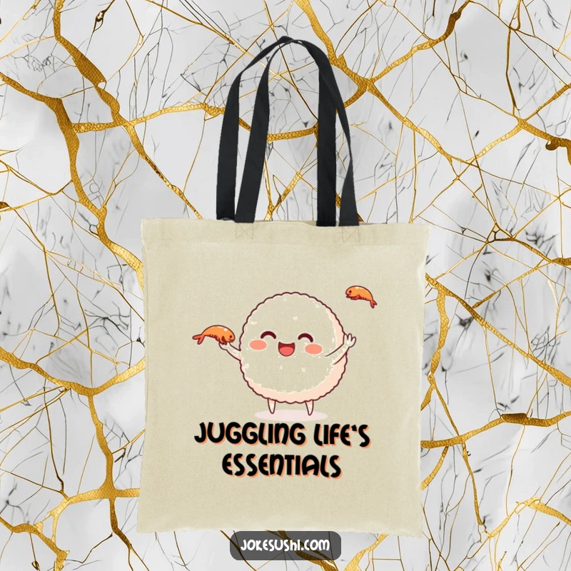 Funny rice ball tote bag with a smiling character juggling shrimp, a humorous and practical gift.