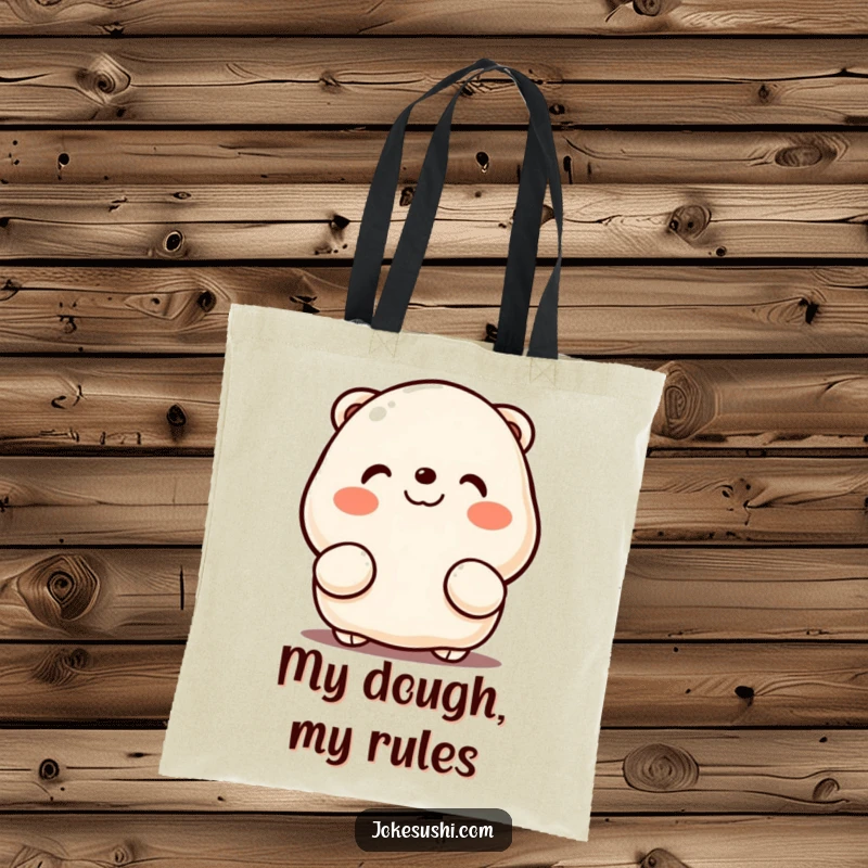 Funny tote bag showcasing a smiling dumpling with rosy cheeks, peeking curiously from its hands, perfect for carrying groceries with humor.