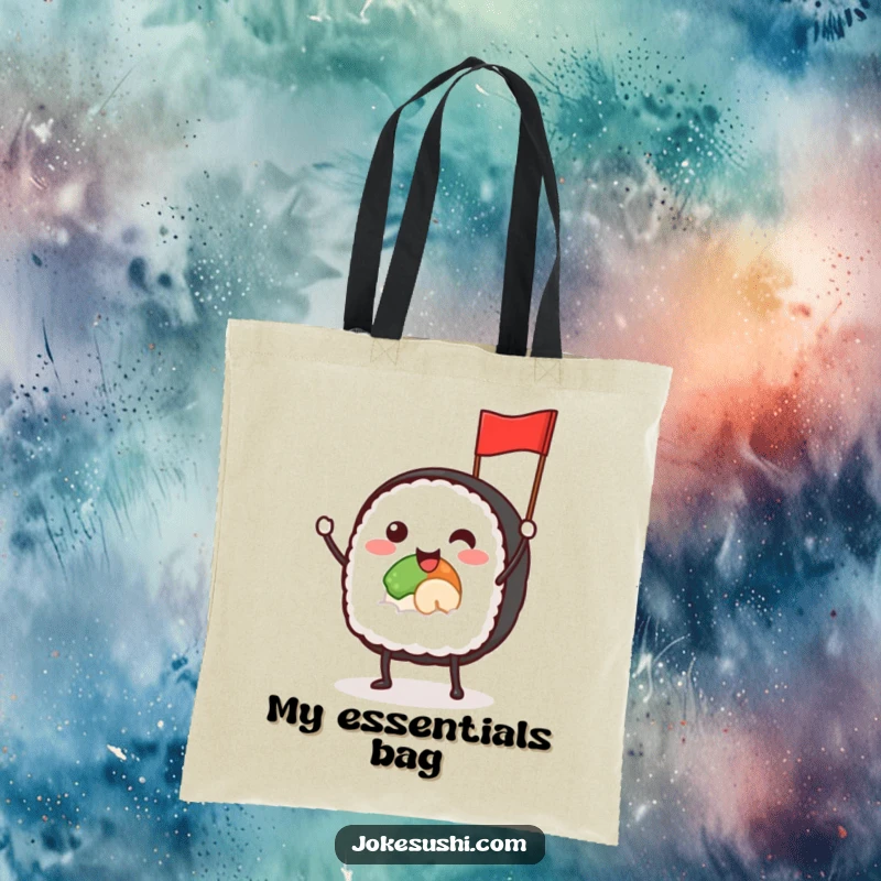Funny tote bag with a smiling sushi roll character with tiny legs, waving a small flag, great for carrying items.