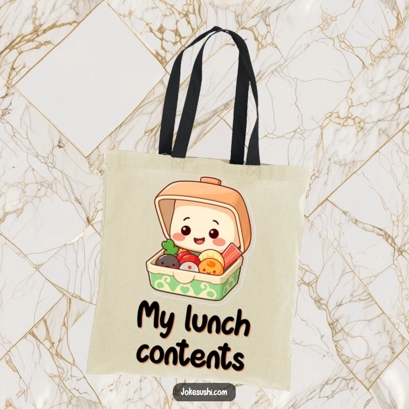 Funny tote bag featuring a grinning bento box popping open to reveal smiling food items, great for carrying.