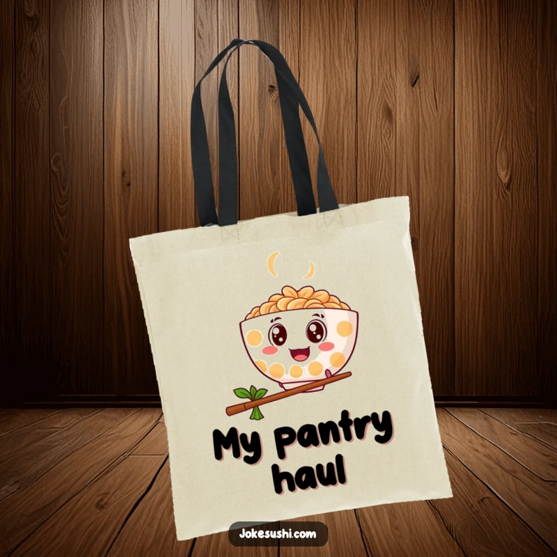 Funny tote bag with a ramen bowl with googly eyes bouncing and leaping over a chopstick, great for carrying items.