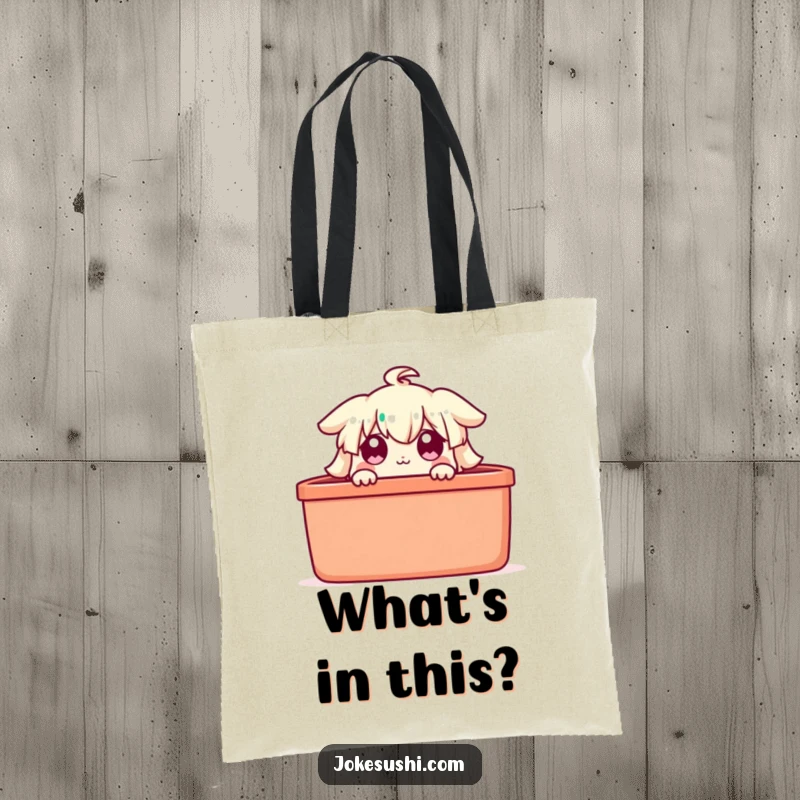 Funny bento box tote bag, a character peeking out with wide eyes, ideal for storing items with humorous flair.